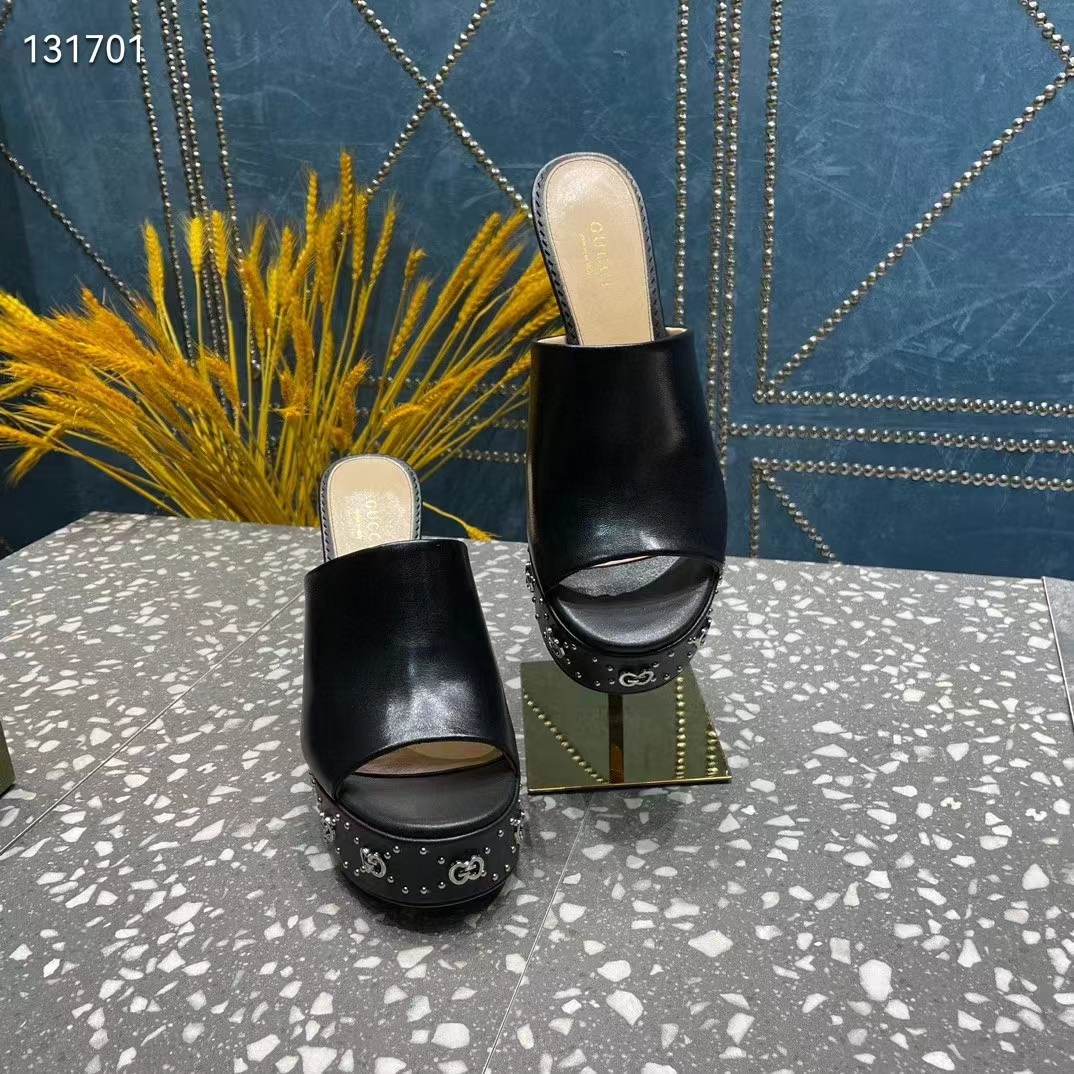 Gucci Women GG Platform Slide Sandal Black Leather Spool High 11 Cm Heel