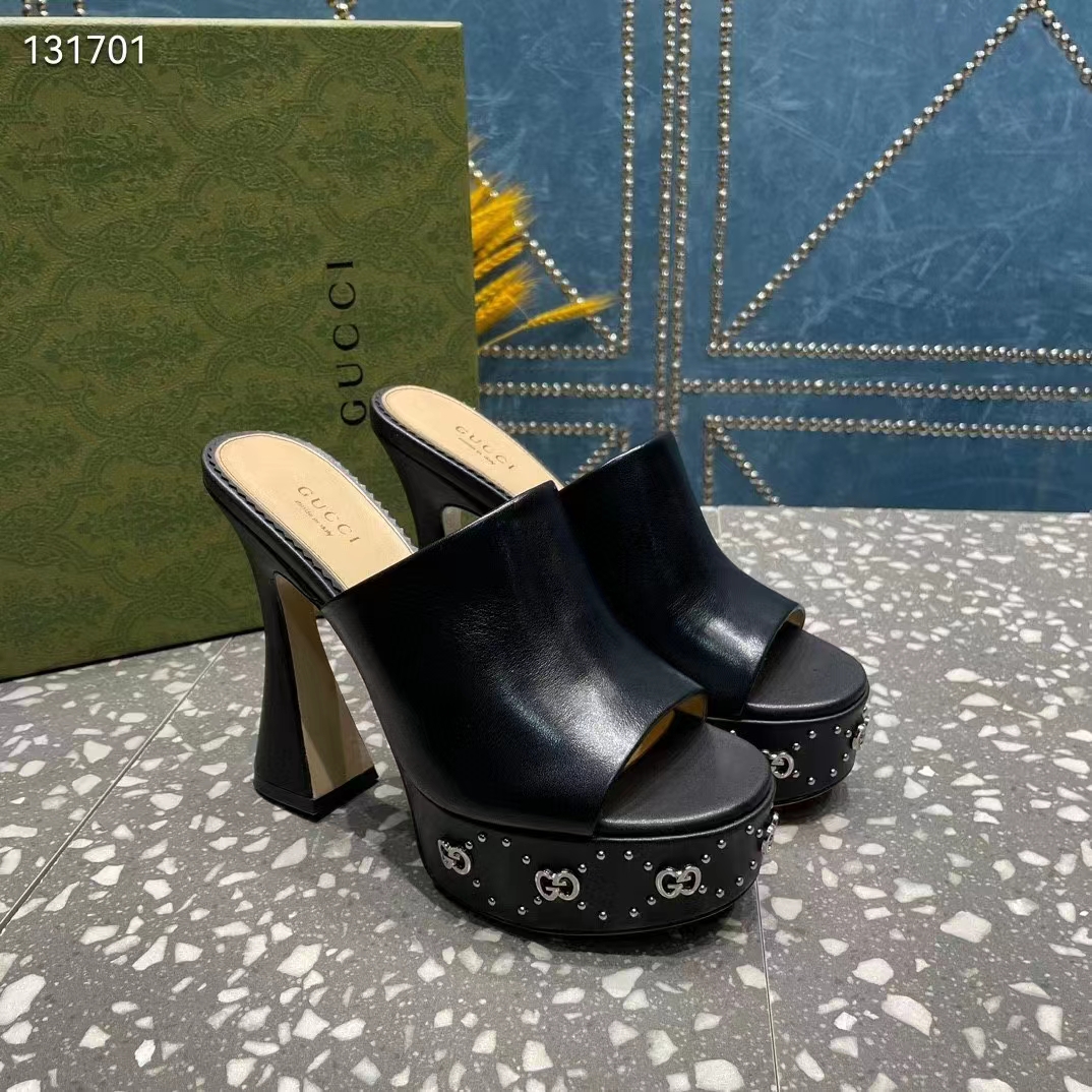 Gucci Women GG Platform Slide Sandal Black Leather Spool High 11 Cm Heel
