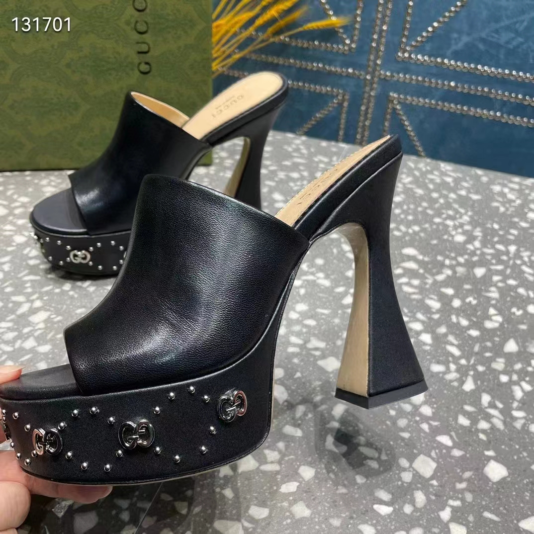 Gucci Women GG Platform Slide Sandal Black Leather Spool High 11 Cm Heel