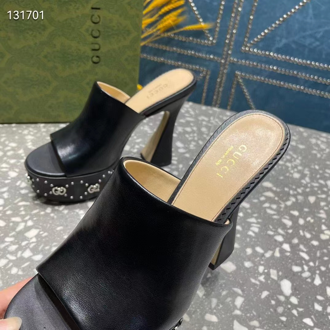 Gucci Women GG Platform Slide Sandal Black Leather Spool High 11 Cm Heel