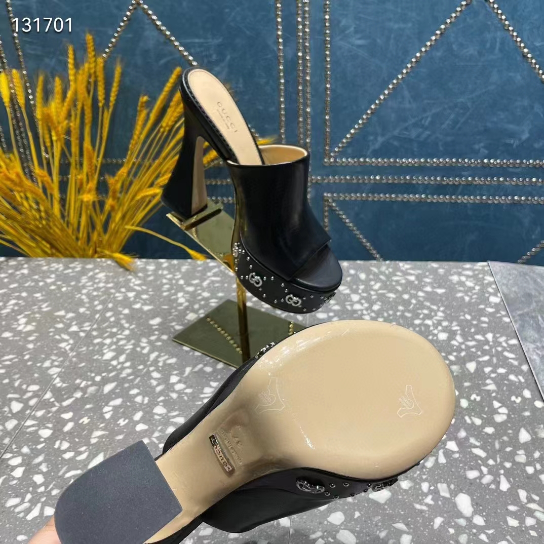 Gucci Women GG Platform Slide Sandal Black Leather Spool High 11 Cm Heel