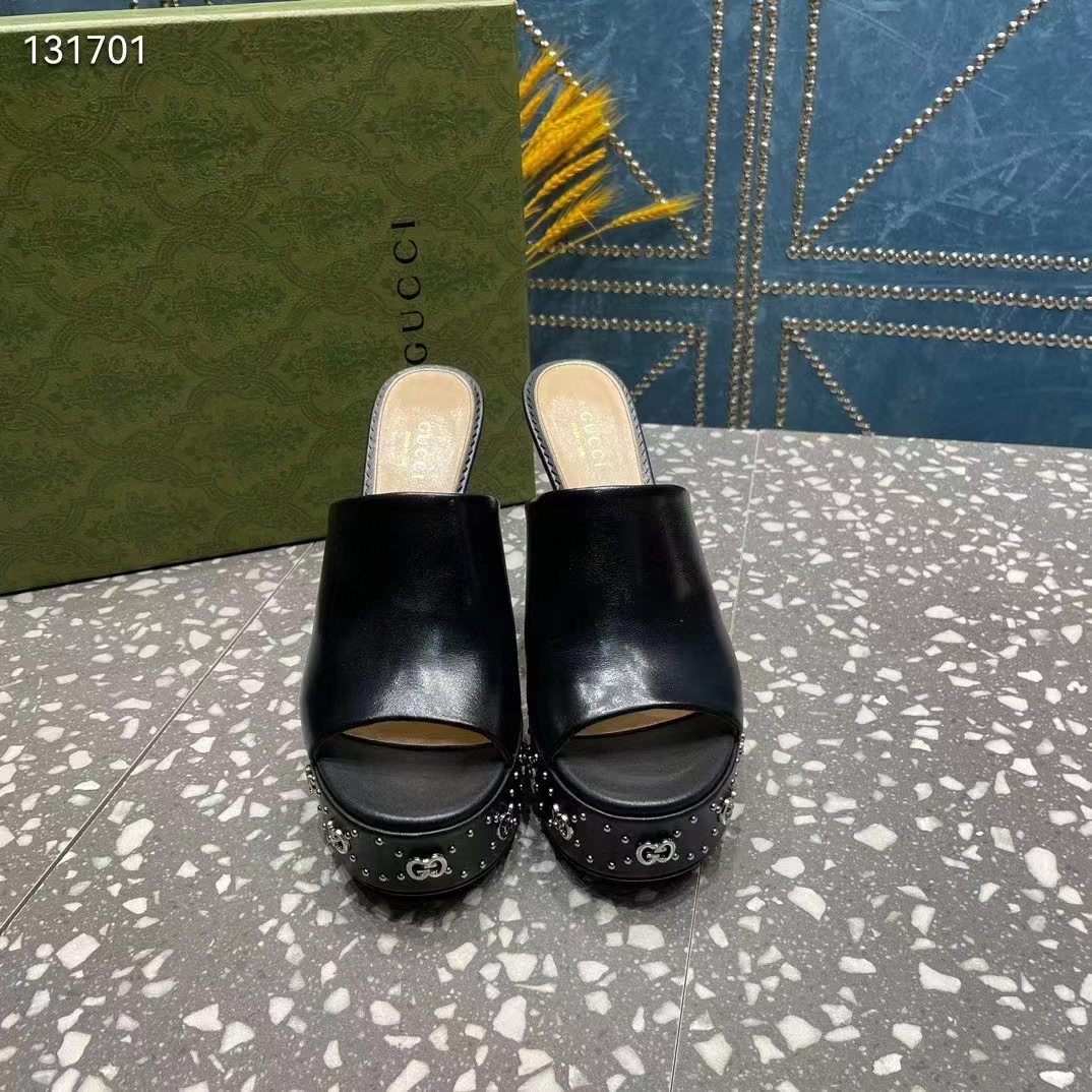 Gucci Women GG Platform Slide Sandal Black Leather Spool High 11 Cm Heel