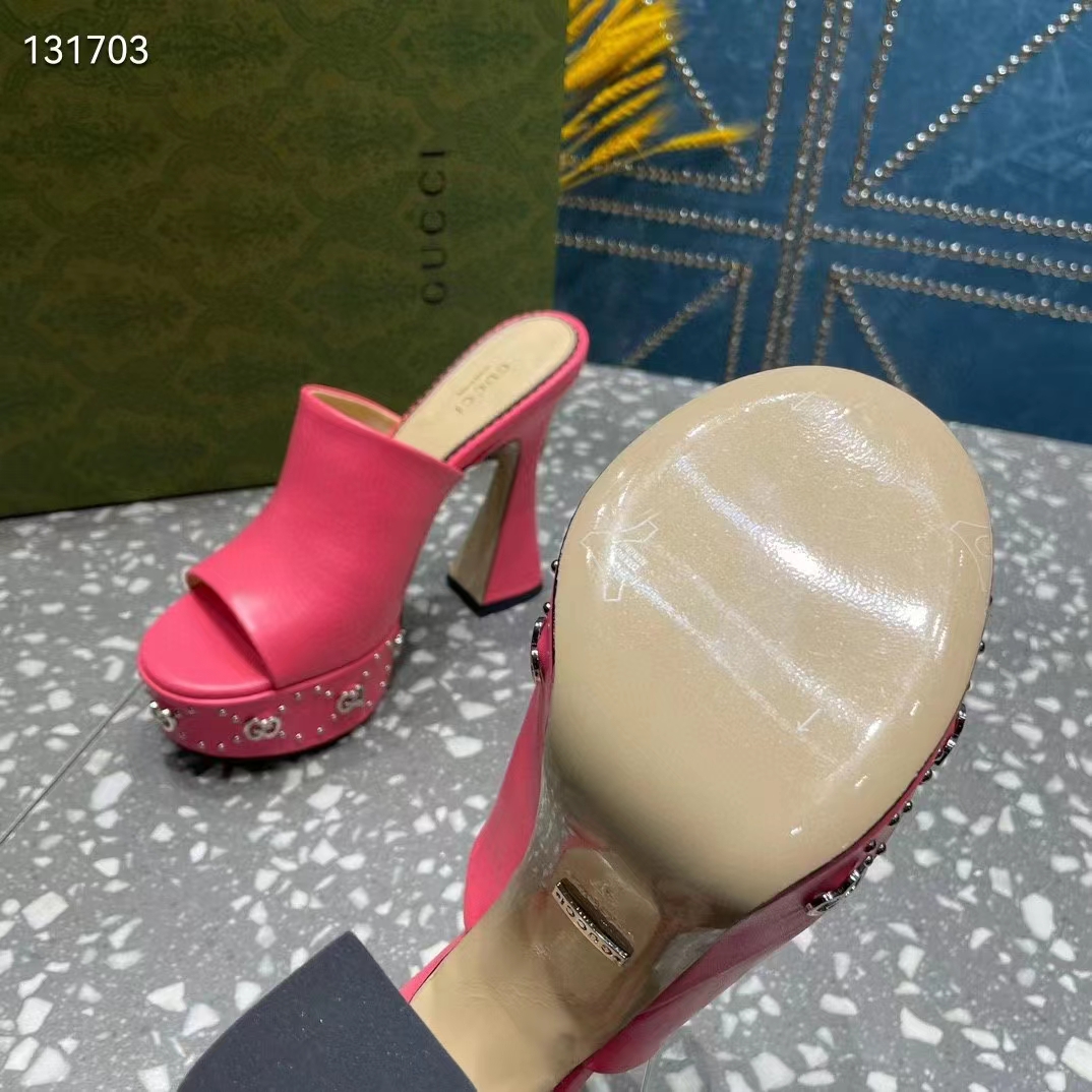 Gucci Women GG Platform Slide Sandal Pink Leather Spool High 11 Cm Heel