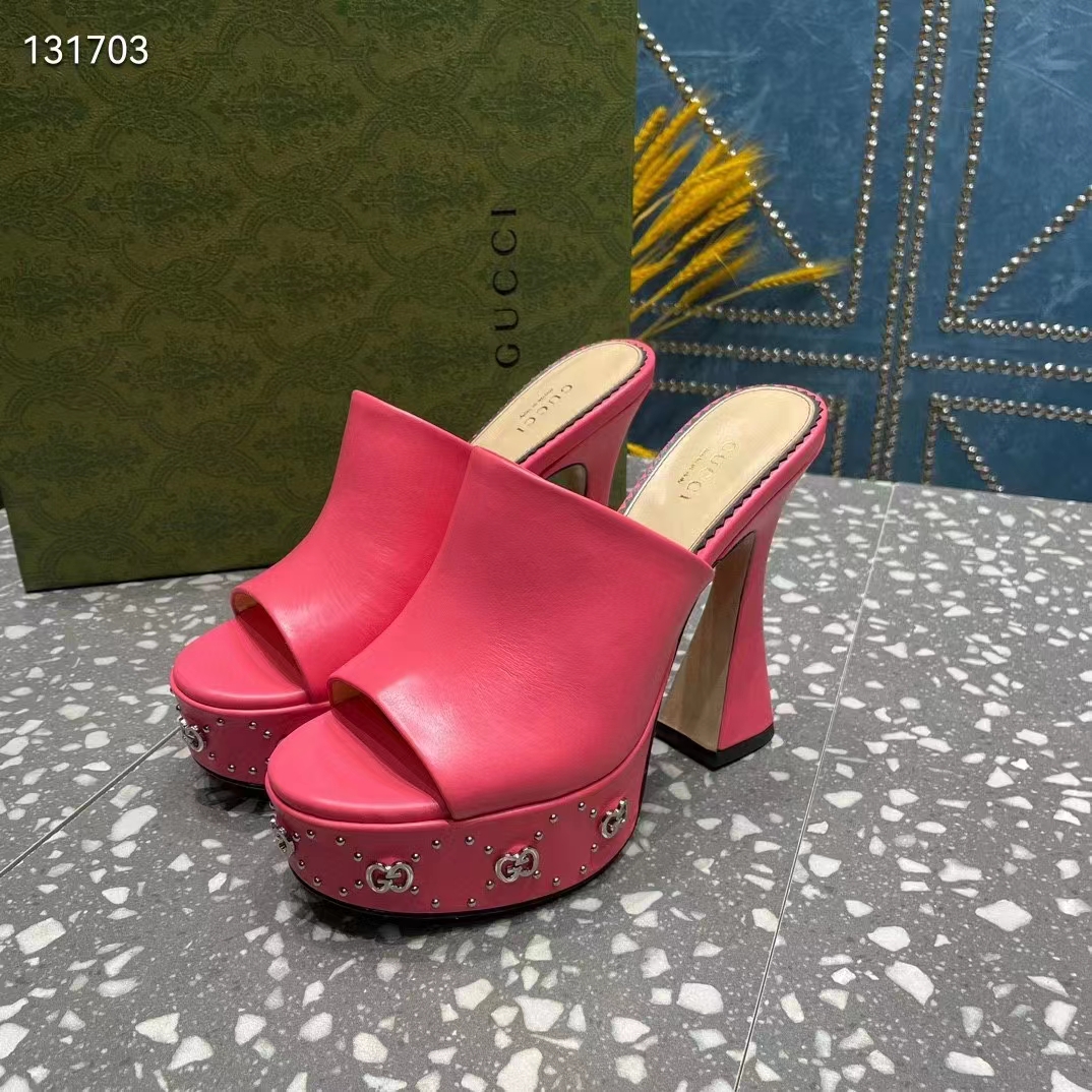 Gucci Women GG Platform Slide Sandal Pink Leather Spool High 11 Cm Heel