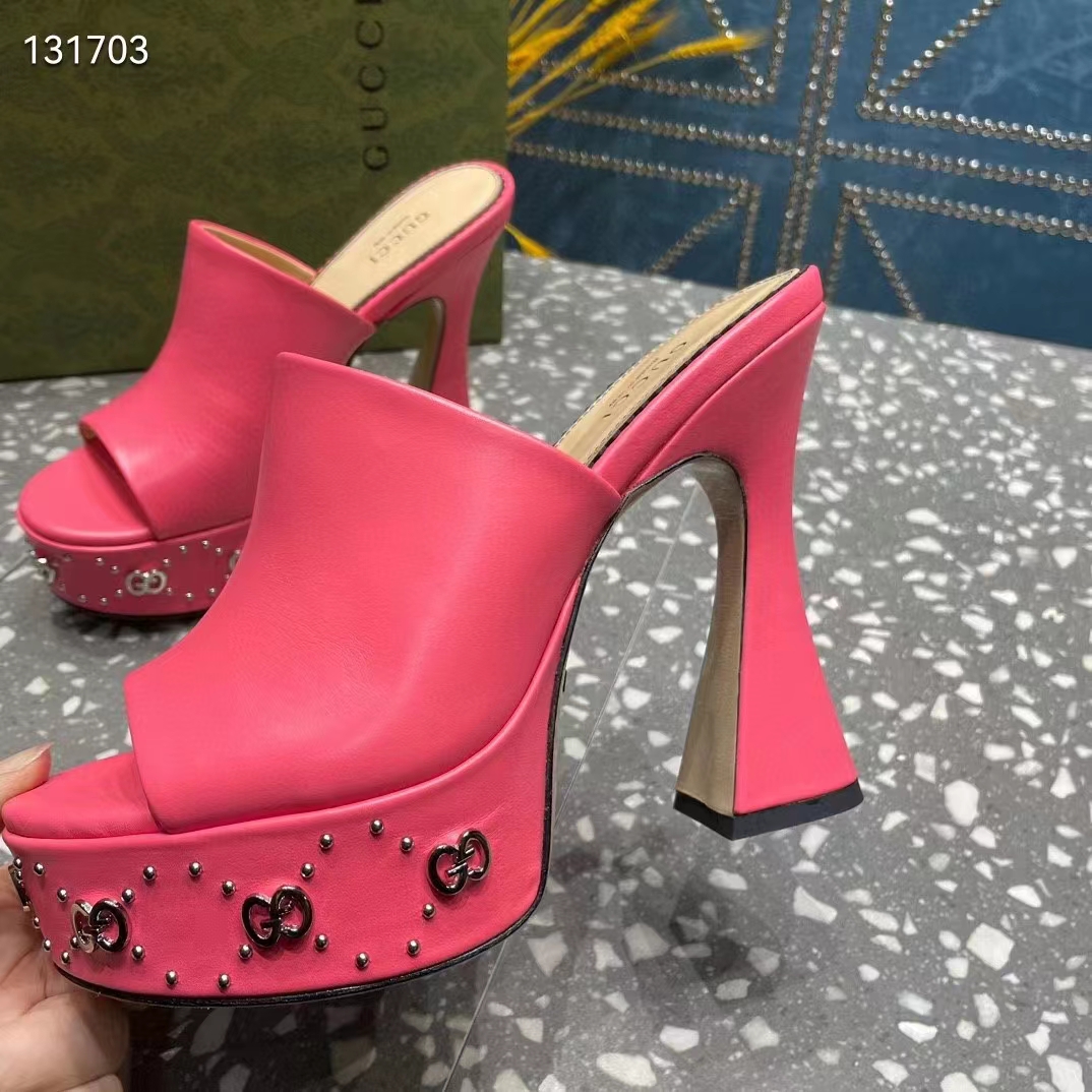 Gucci Women GG Platform Slide Sandal Pink Leather Spool High 11 Cm Heel
