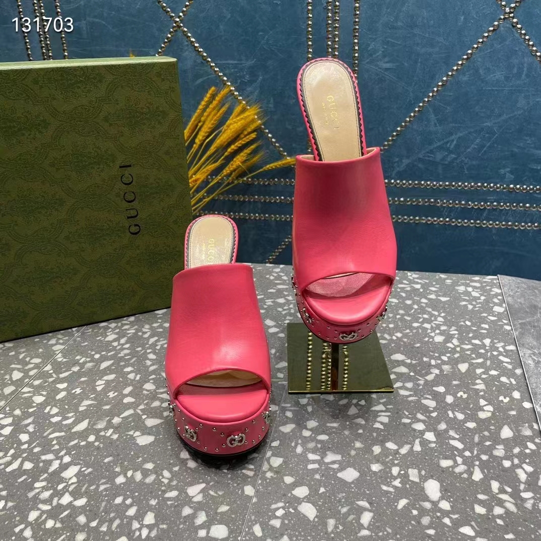 Gucci Women GG Platform Slide Sandal Pink Leather Spool High 11 Cm Heel