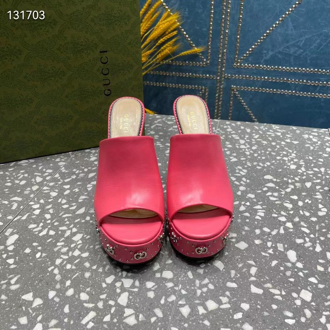 Gucci Women GG Platform Slide Sandal Pink Leather Spool High 11 Cm Heel
