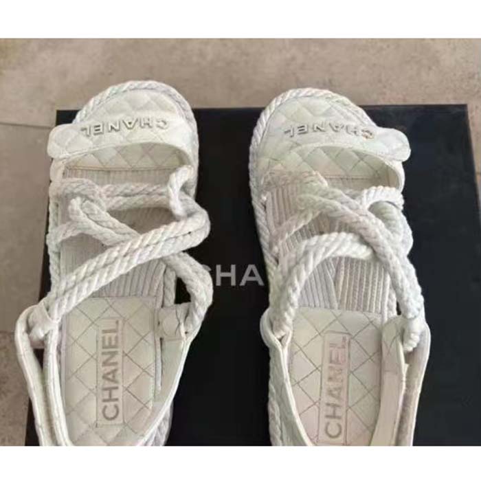 Chanel Women CC Cotton Tweed White Sandals Calfskin Leather Cotton 1 CM Heel