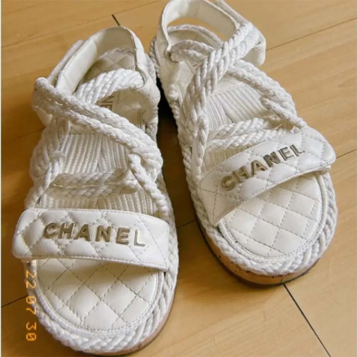 Chanel Women CC Cotton Tweed White Sandals Calfskin Leather Cotton 1 CM Heel