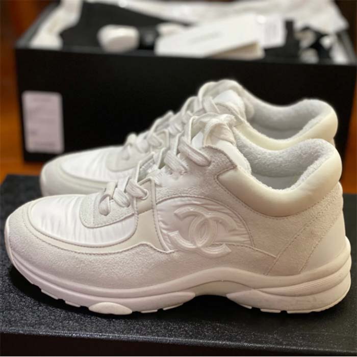 Chanel Women CC Low Top Sneakers Calfskin Suede Leather Triple White