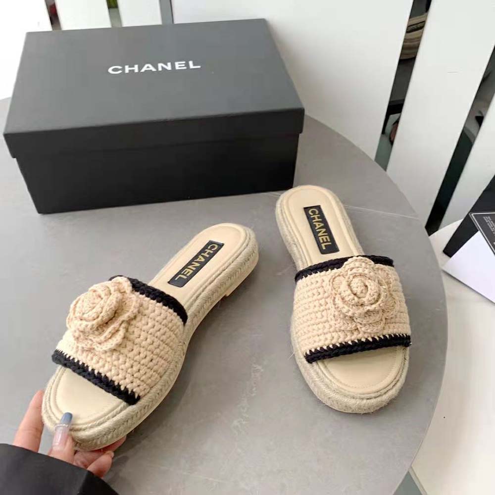 Chanel Women Mules Crochet Ivory and Black 0.5 cm Heel-Beige