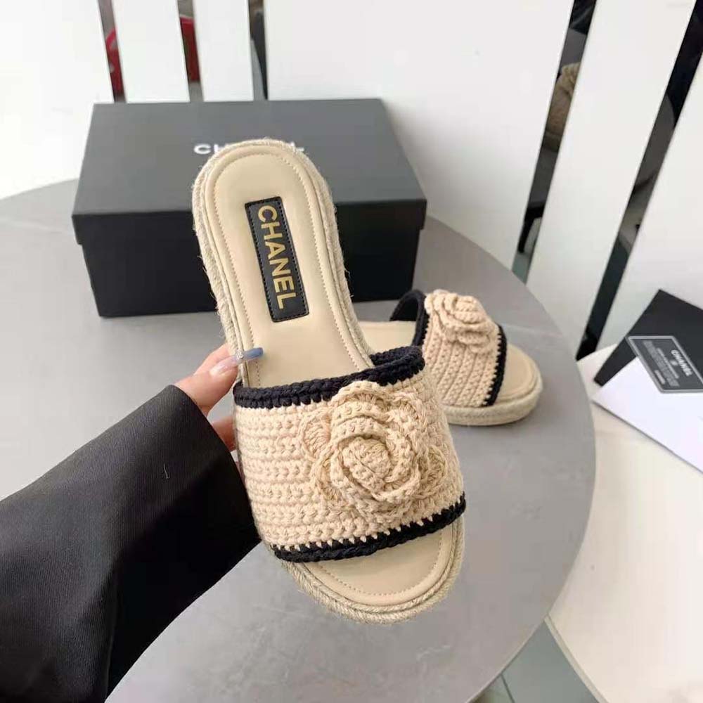 Chanel Women Mules Crochet Ivory and Black 0.5 cm Heel-Beige