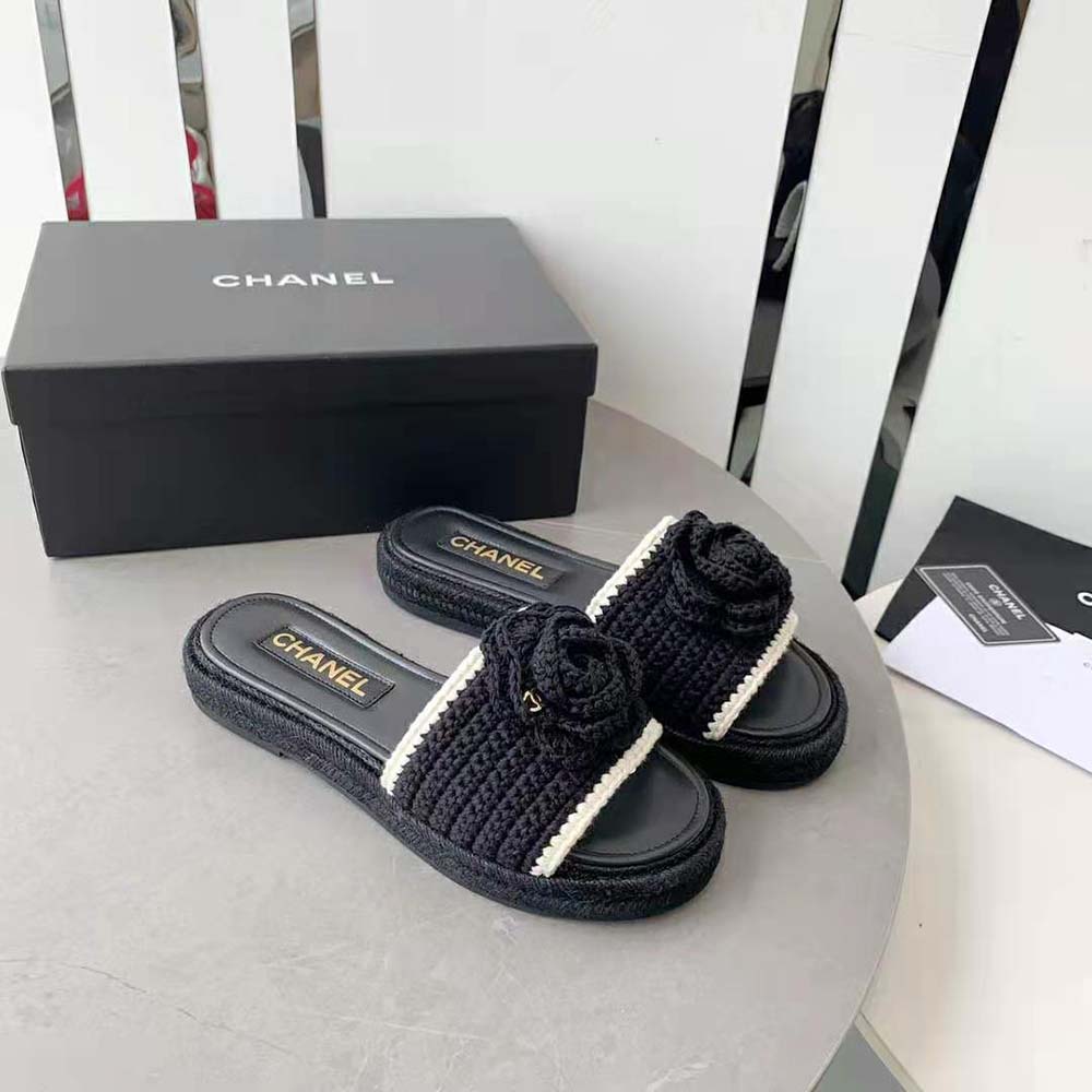 Chanel Women Mules Crochet Ivory and Black 0.5 cm Heel-Black