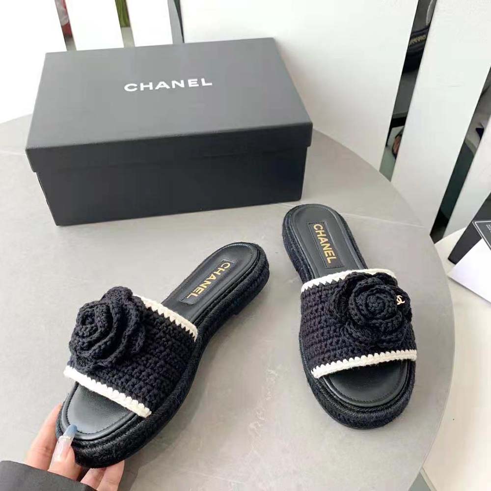 Chanel Women Mules Crochet Ivory and Black 0.5 cm Heel-Black