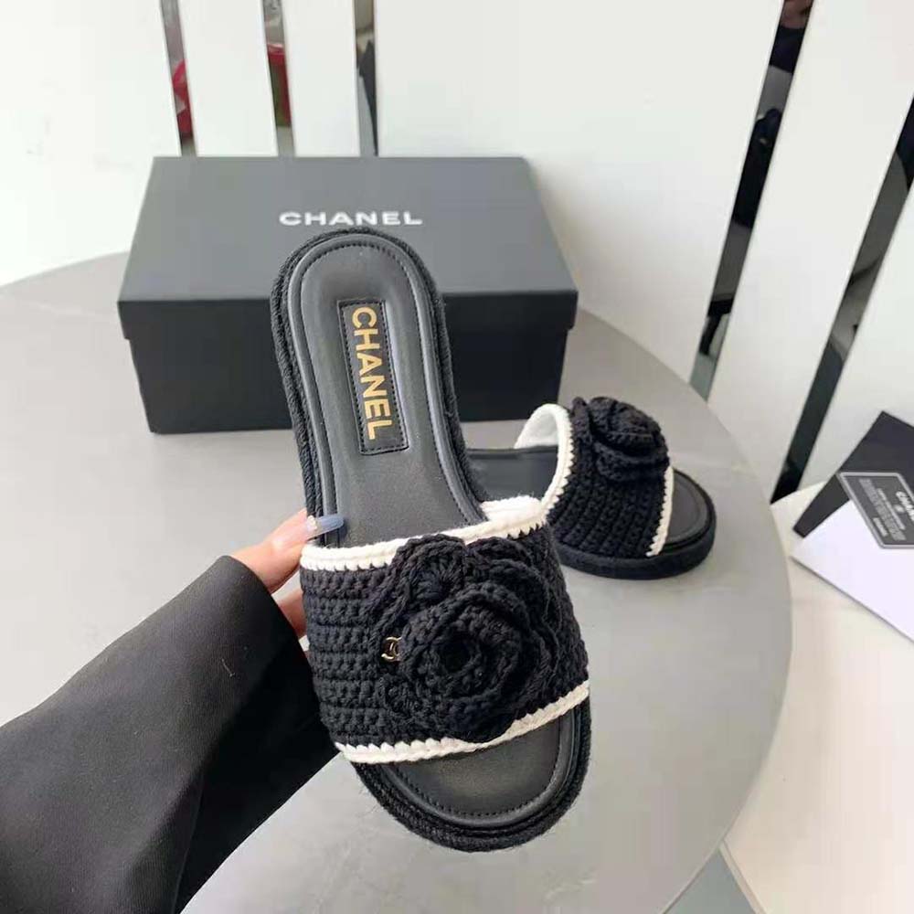 Chanel Women Mules Crochet Ivory and Black 0.5 cm Heel-Black