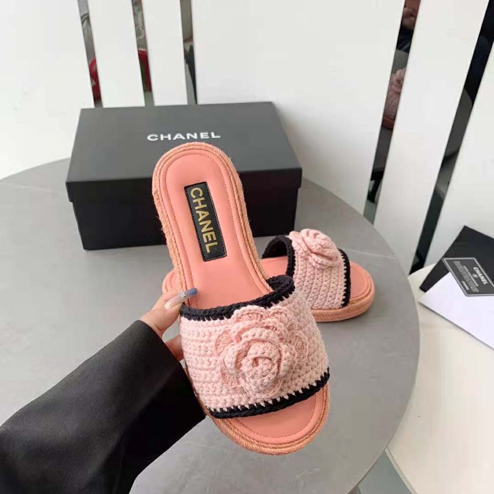 Chanel Women Mules Crochet Ivory and Black 0.5 cm Heel-Pink