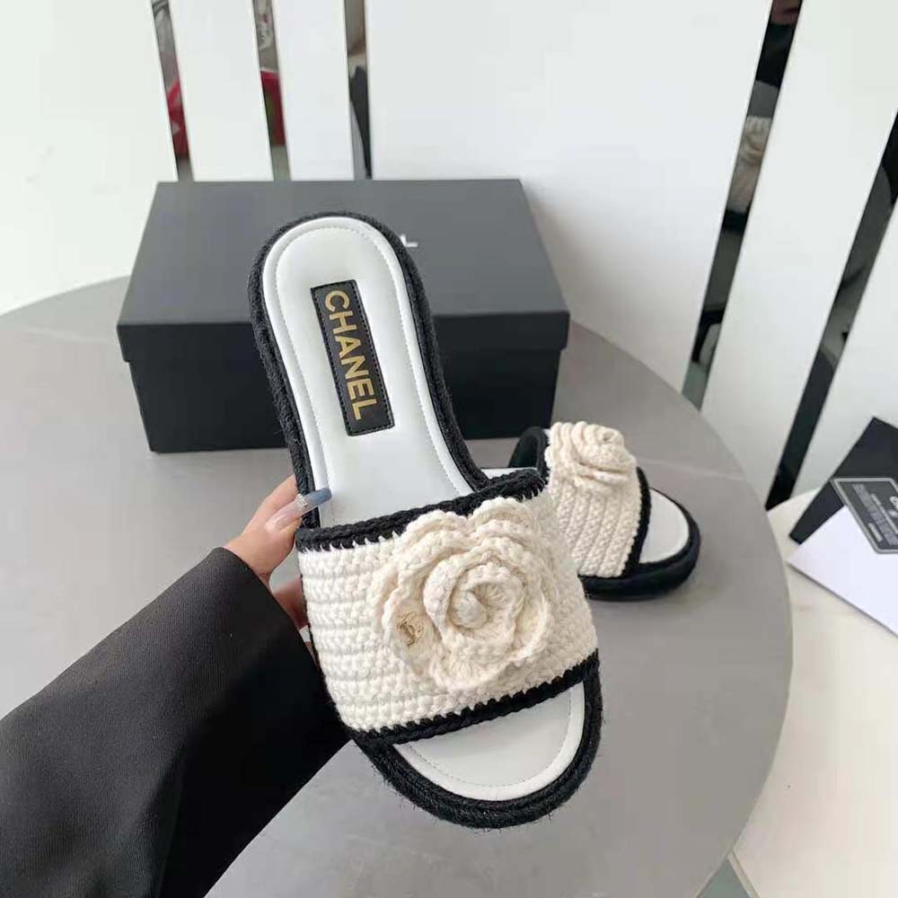 Chanel Women Mules Crochet Ivory and Black 0.5 cm Heel-White