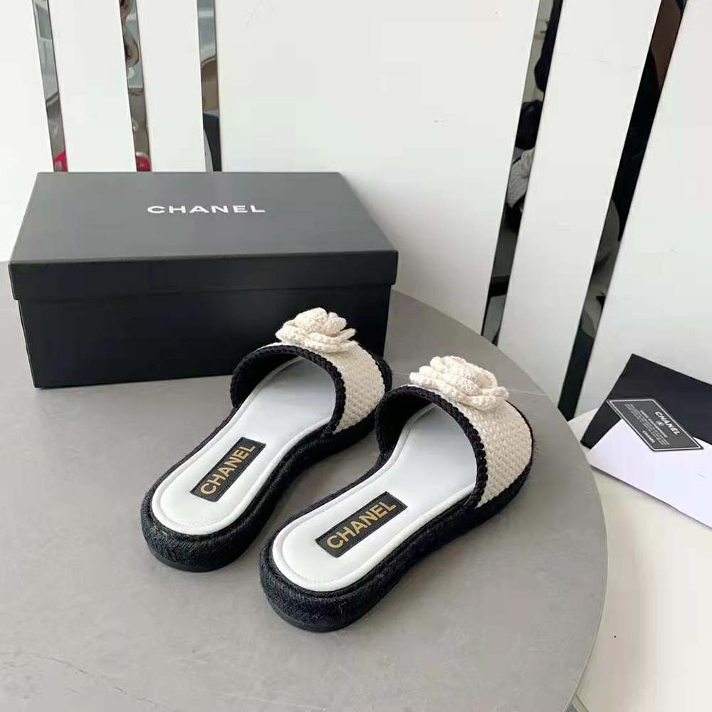 Chanel Women Mules Crochet Ivory and Black 0.5 cm Heel-White