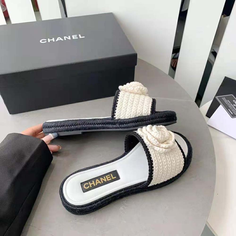 Chanel Women Mules Crochet Ivory and Black 0.5 cm Heel-White