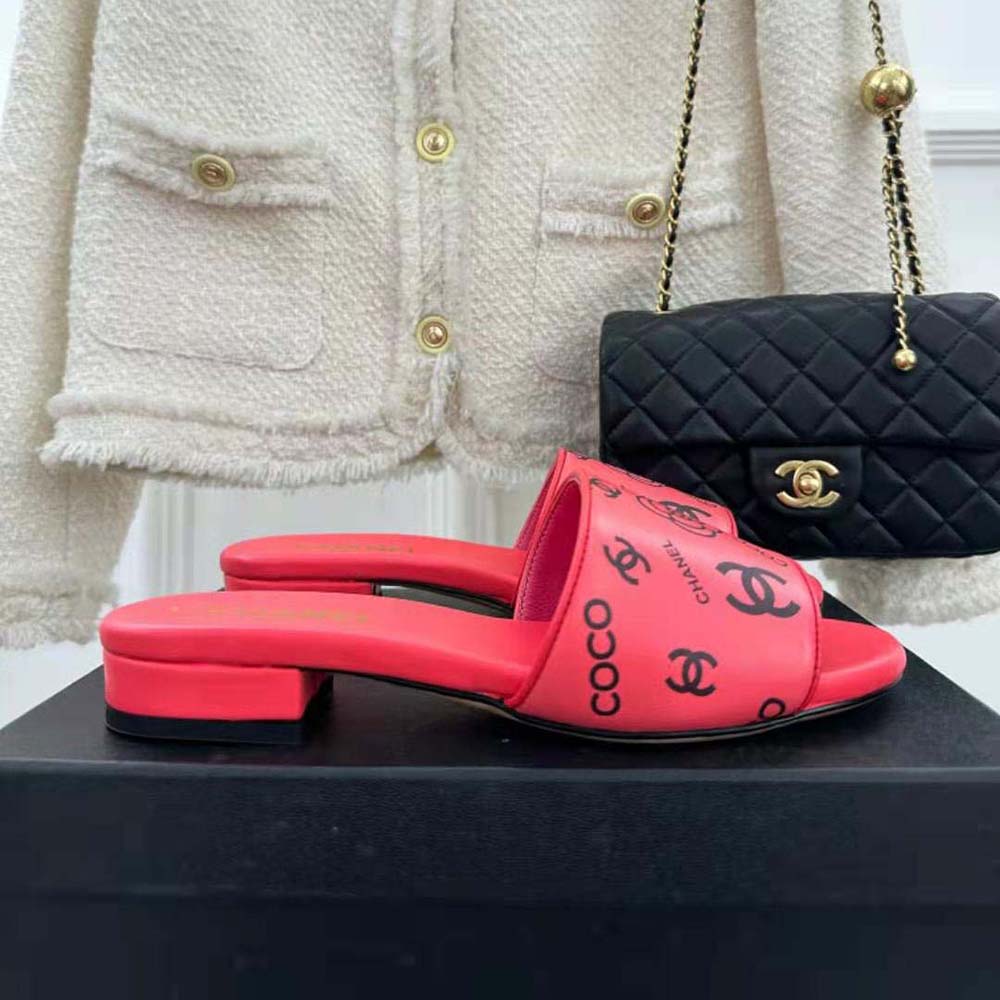 Chanel Women Mules Sandal Calfskin Leather Black Logo-Pink