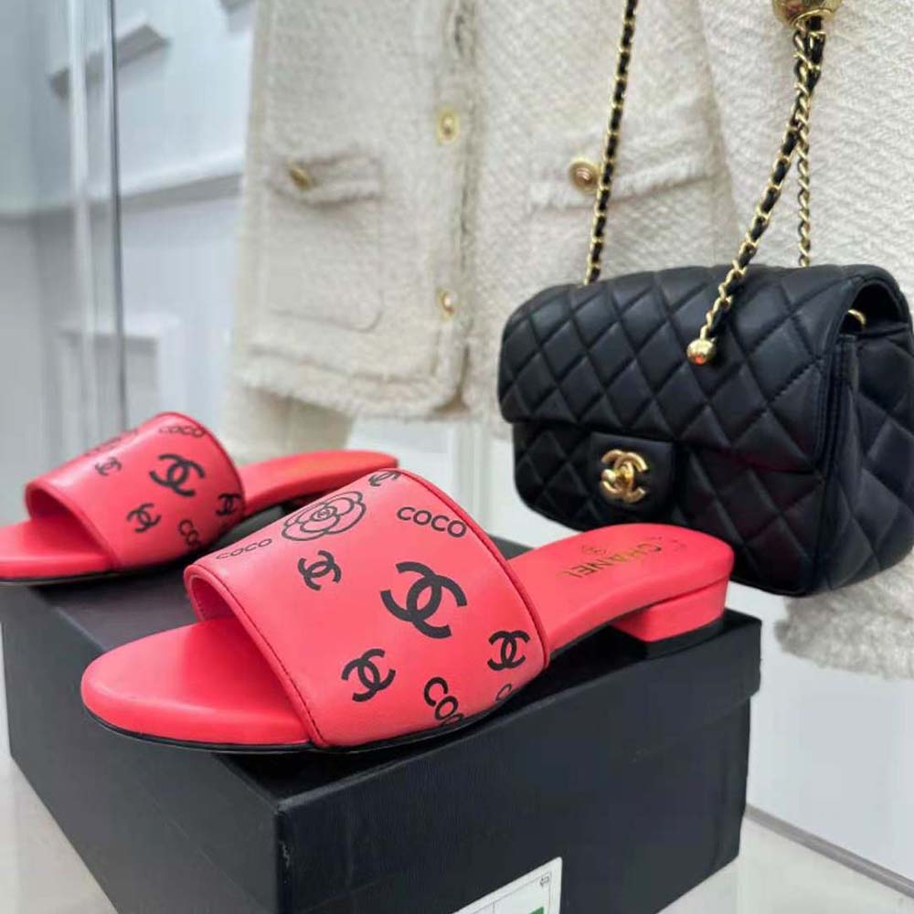 Chanel Women Mules Sandal Calfskin Leather Black Logo-Pink
