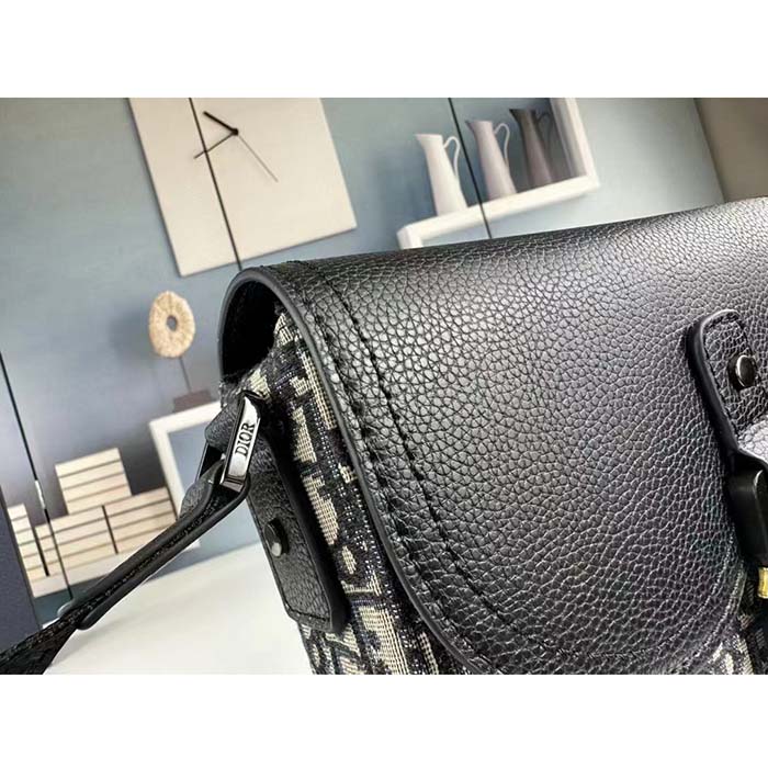Dior Unisex CD Mini Saddle Bag Strap Beige Black Oblique Jacquard Black Grained Calfskin