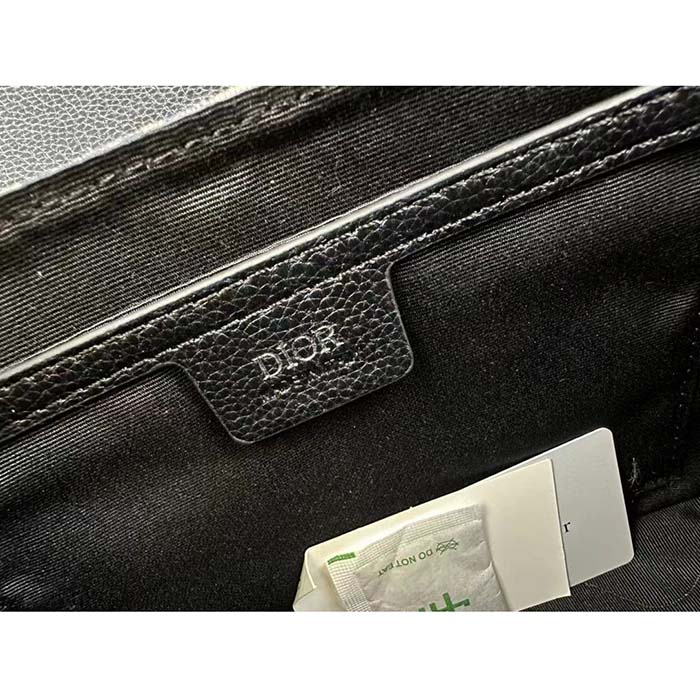 Dior Unisex CD Mini Saddle Bag Strap Beige Black Oblique Jacquard Black Grained Calfskin