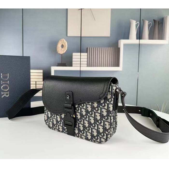Dior Unisex CD Mini Saddle Bag Strap Beige Black Oblique Jacquard Black Grained Calfskin