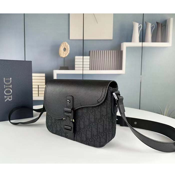 Dior Unisex CD Mini Saddle Bag Strap Black Oblique Jacquard Grained Calfskin