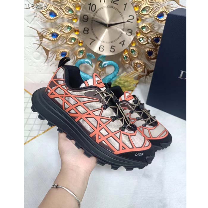Dior Unisex Shoes CD B31 Runner Sneaker Beige Technical Mesh Orange Rubber Warped Cannage