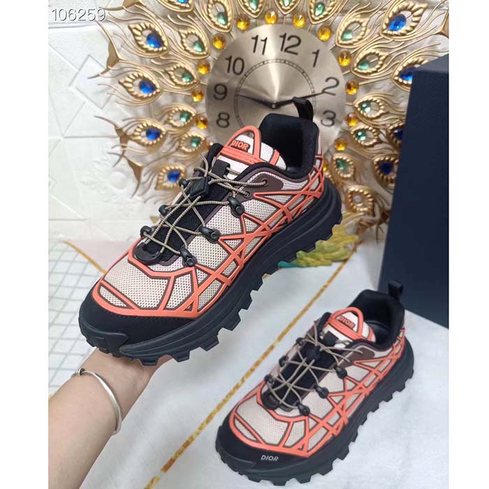Dior Unisex Shoes CD B31 Runner Sneaker Beige Technical Mesh Orange Rubber Warped Cannage