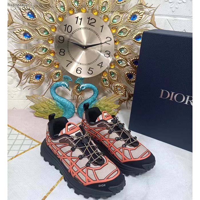 Dior Unisex Shoes CD B31 Runner Sneaker Beige Technical Mesh Orange Rubber Warped Cannage