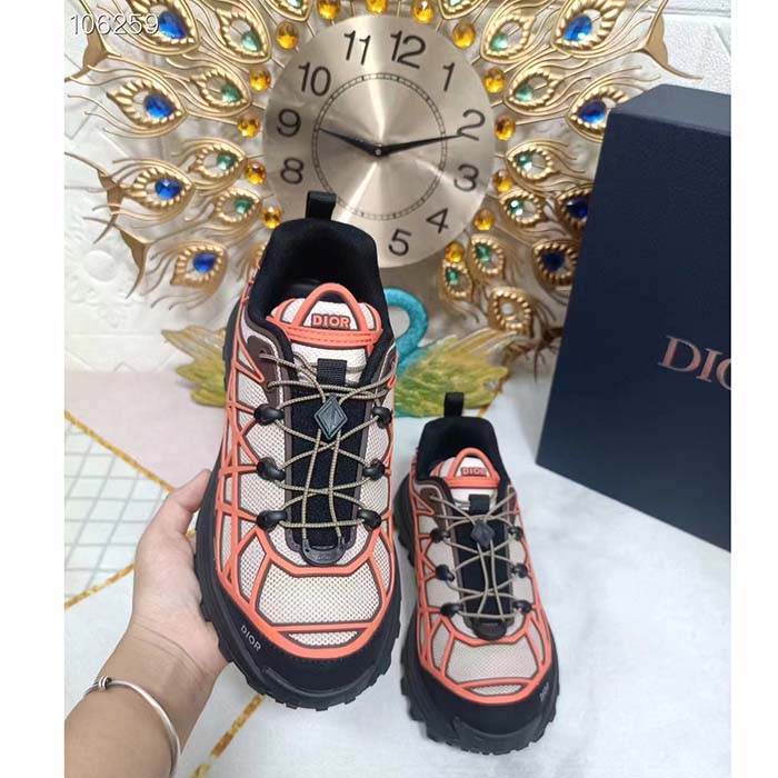 Dior Unisex Shoes CD B31 Runner Sneaker Beige Technical Mesh Orange Rubber Warped Cannage
