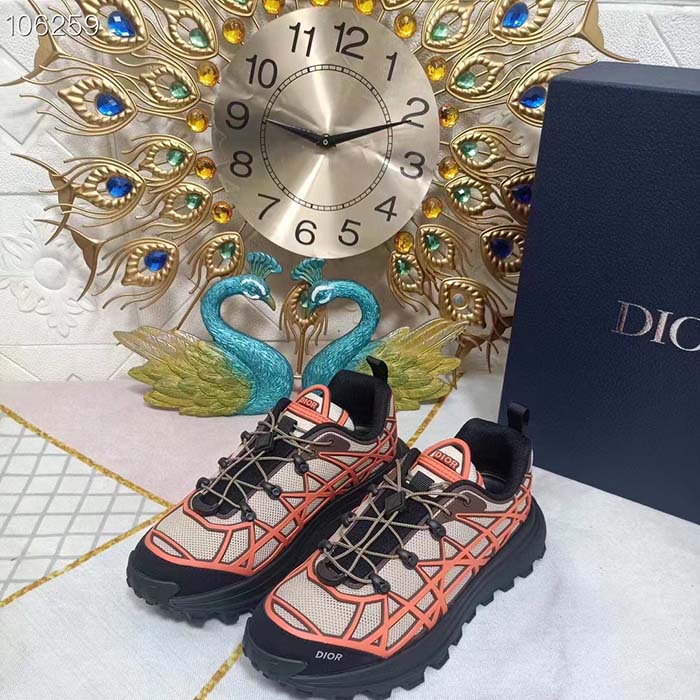 Dior Unisex Shoes CD B31 Runner Sneaker Beige Technical Mesh Orange Rubber Warped Cannage