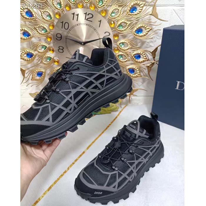 Dior Unisex Shoes CD B31 Runner Sneaker Black Technical Mesh Gray Rubber Warped Cannage