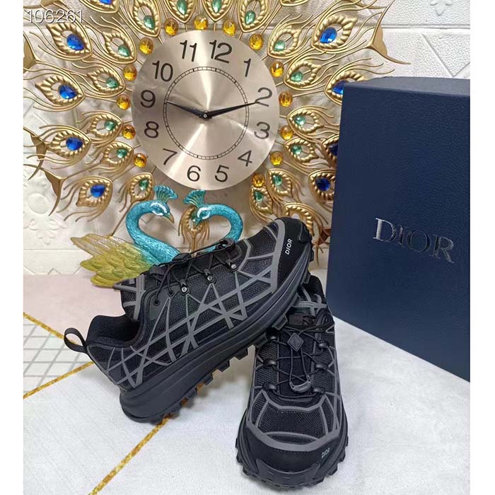 Dior Unisex Shoes CD B31 Runner Sneaker Black Technical Mesh Gray Rubber Warped Cannage