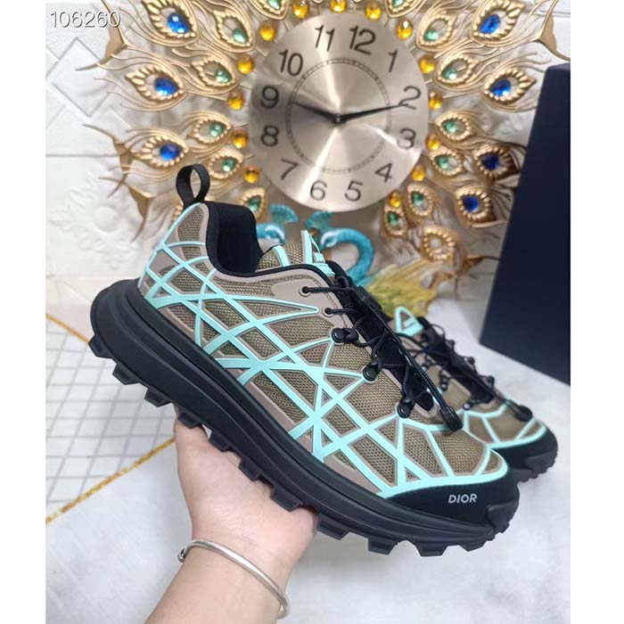 Dior Unisex Shoes CD B31 Runner Sneaker Khaki Technical Mesh Turquoise Rubber Warped Cannage