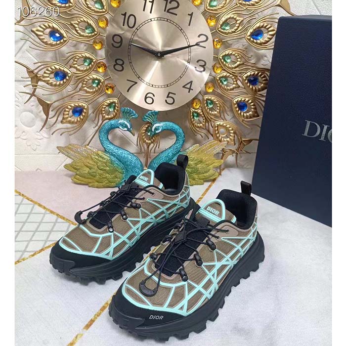 Dior Unisex Shoes CD B31 Runner Sneaker Khaki Technical Mesh Turquoise Rubber Warped Cannage