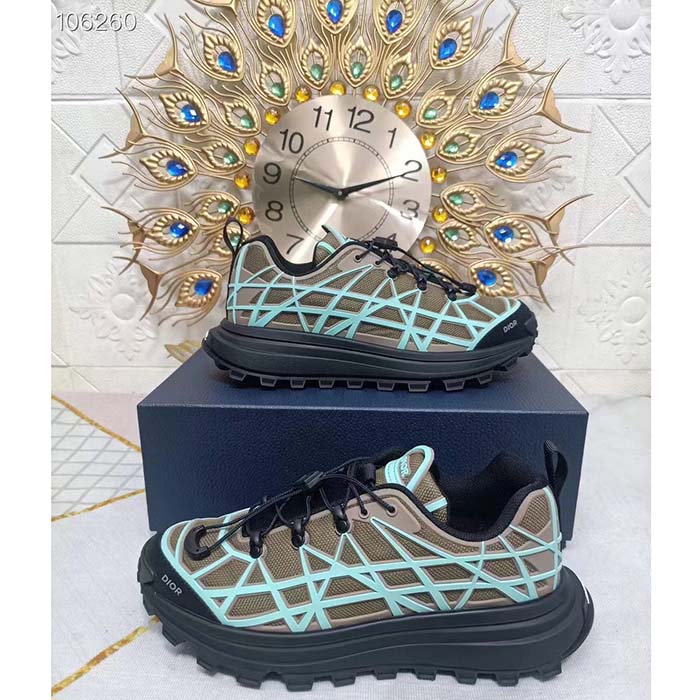 Dior Unisex Shoes CD B31 Runner Sneaker Khaki Technical Mesh Turquoise Rubber Warped Cannage