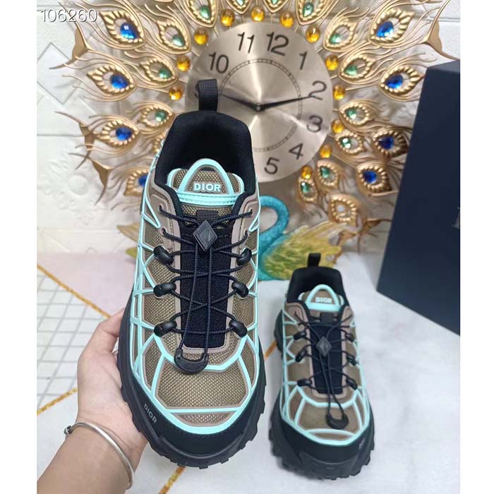 Dior Unisex Shoes CD B31 Runner Sneaker Khaki Technical Mesh Turquoise Rubber Warped Cannage