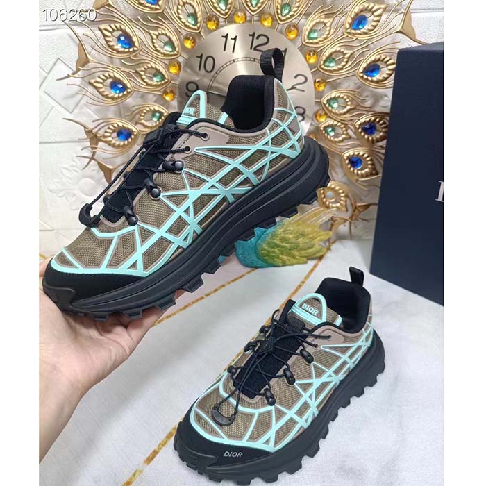 Dior Unisex Shoes CD B31 Runner Sneaker Khaki Technical Mesh Turquoise Rubber Warped Cannage