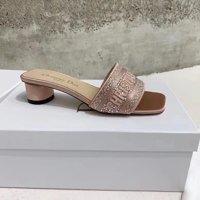 Dior Women CD Dway Heeled Slide Rose Des Vents Cotton Embroidered Metallic Thread Strass