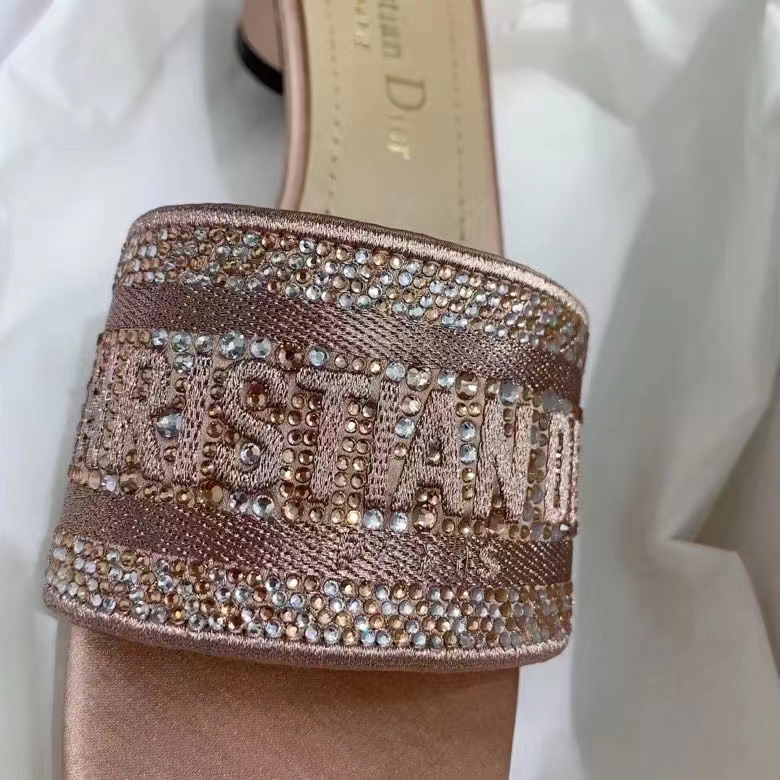 Dior Women CD Dway Heeled Slide Rose Des Vents Cotton Embroidered Metallic Thread Strass