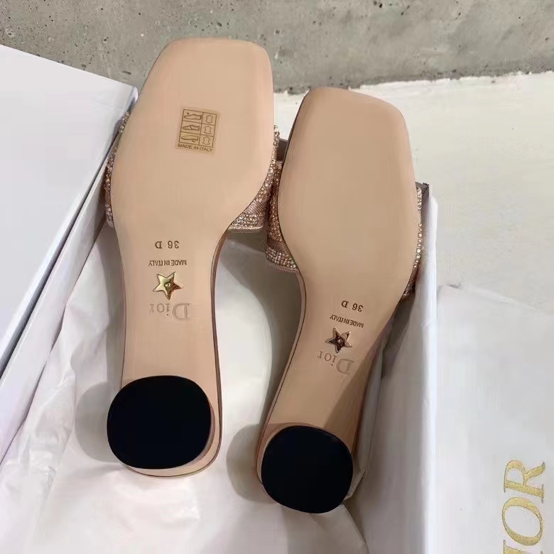 Dior Women CD Dway Heeled Slide Rose Des Vents Cotton Embroidered Metallic Thread Strass
