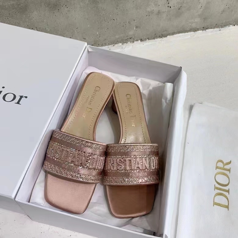 Dior Women CD Dway Heeled Slide Rose Des Vents Cotton Embroidered Metallic Thread Strass