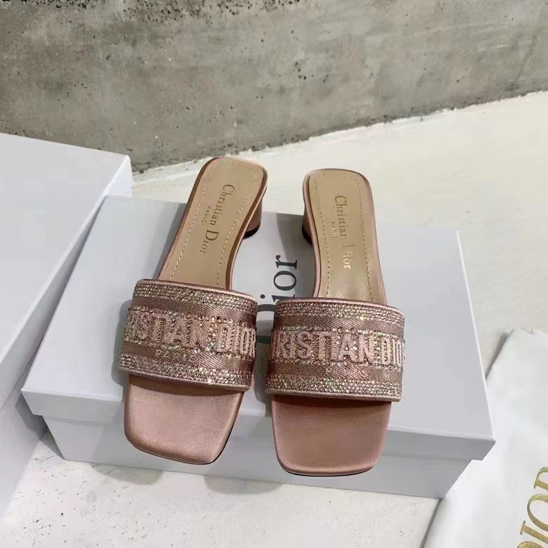 Dior Women CD Dway Heeled Slide Rose Des Vents Cotton Embroidered Metallic Thread Strass