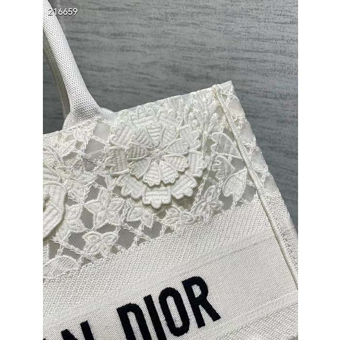 Dior Women CD Medium Book Tote White Multicolor D-Lace Embroidery Macramé Effect