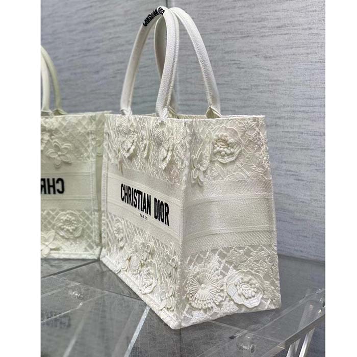 Dior Women CD Medium Book Tote White Multicolor D-Lace Embroidery Macramé Effect