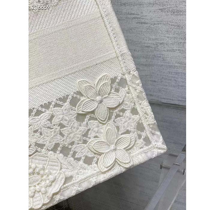 Dior Women CD Medium Book Tote White Multicolor D-Lace Embroidery Macramé Effect