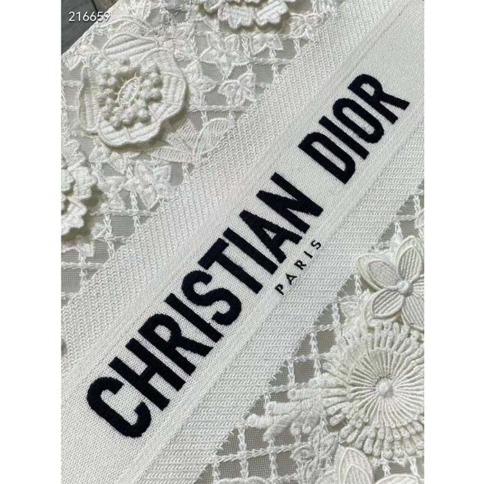 Dior Women CD Medium Book Tote White Multicolor D-Lace Embroidery Macramé Effect